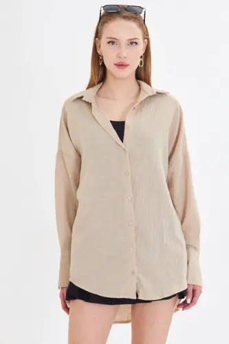 Hellbeiges, übergroßes, strukturiertes Leinen-Look-Hemd mit weiten Manschetten für Damen ARM-24K001001 - Helles Beige - 4