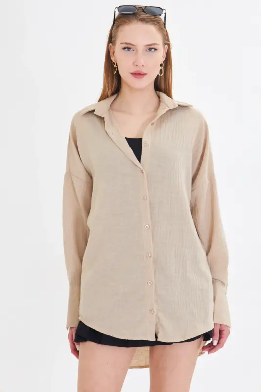 Hellbeiges, übergroßes, strukturiertes Leinen-Look-Hemd mit weiten Manschetten für Damen ARM-24K001001 - Helles Beige - 4