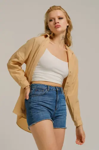 Kadın Açık Bej Oversize Uzun Basic Gömlek ARM-22Y001118-Açık Bej - 2
