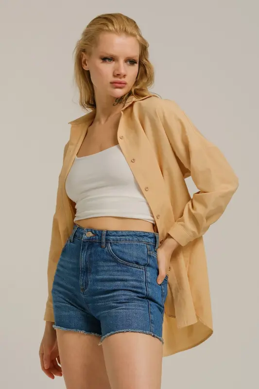 Kadın Açık Bej Oversize Uzun Basic Gömlek ARM-22Y001118-Açık Bej - 3