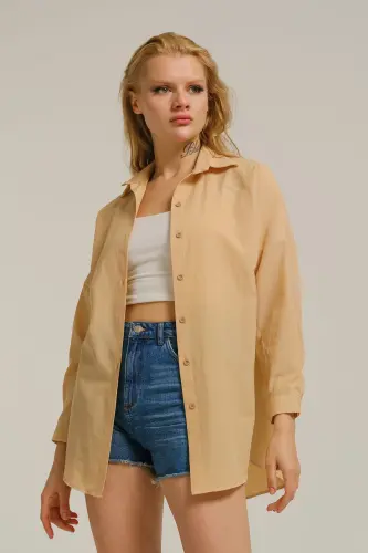 Kadın Açık Bej Oversize Uzun Basic Gömlek ARM-22Y001118-Açık Bej 