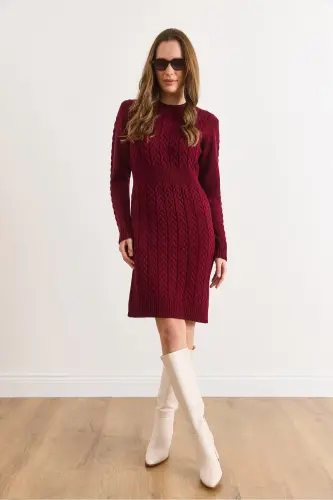 Kadın Açık Bordo Beli Bantlı Yırtmaçlı Saç Örgü Mini Elbise ELB-19002289-Açık Bordo - OLALOOK (1)