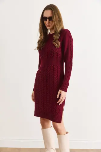 Kadın Açık Bordo Beli Bantlı Yırtmaçlı Saç Örgü Mini Elbise ELB-19002289-Açık Bordo - 5