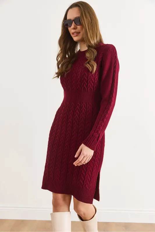 Kadın Açık Bordo Beli Bantlı Yırtmaçlı Saç Örgü Mini Elbise ELB-19002289-Açık Bordo - OLALOOK