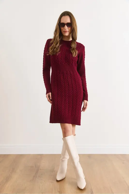 Kadın Açık Bordo Beli Bantlı Yırtmaçlı Saç Örgü Mini Elbise ELB-19002289-Açık Bordo - 2