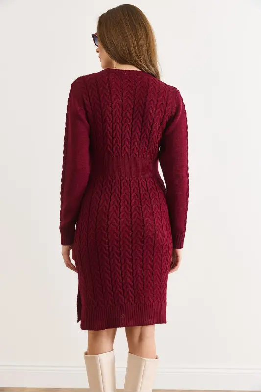 Kadın Açık Bordo Beli Bantlı Yırtmaçlı Saç Örgü Mini Elbise ELB-19002289-Açık Bordo - 4