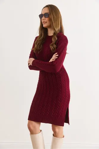 Kadın Açık Bordo Beli Bantlı Yırtmaçlı Saç Örgü Mini Elbise ELB-19002289-Açık Bordo - 6