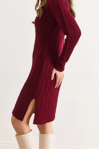 Kadın Açık Bordo Beli Bantlı Yırtmaçlı Saç Örgü Mini Elbise ELB-19002289-Açık Bordo - 3