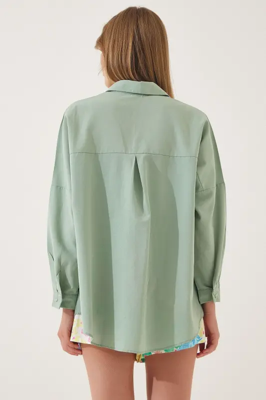 Kadın Açık Çağla Yeşili Oversize Uzun Basic Gömlek DD00842-Açık Çağla Yeşili - 4