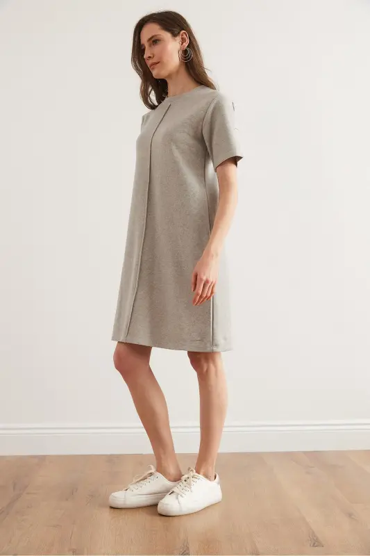 Kadın Açık Gri Önü Dikişli Mini Selanik Elbise ELB-19002335-Açık Gri - 3