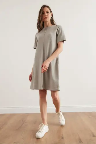 Kadın Açık Gri Önü Dikişli Mini Selanik Elbise ELB-19002335-Açık Gri - 4