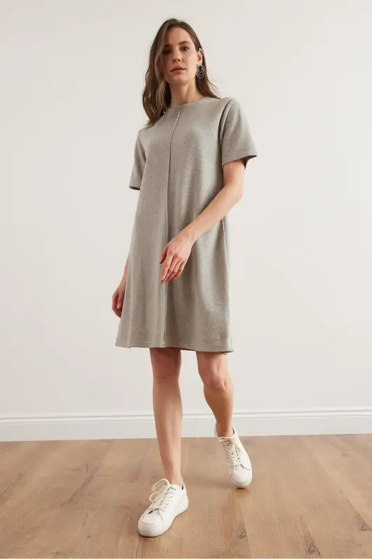 Kadın Açık Gri Önü Dikişli Mini Selanik Elbise ELB-19002335-Açık Gri - 4