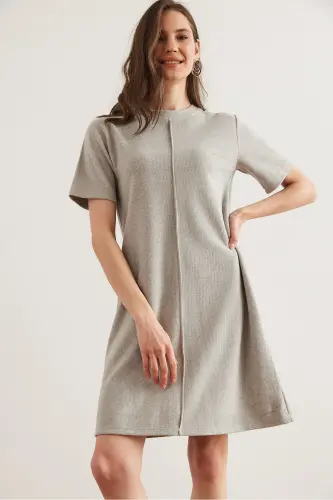 Kadın Açık Gri Önü Dikişli Mini Selanik Elbise ELB-19002335-Açık Gri - 5