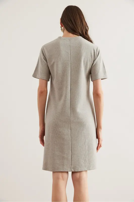 Kadın Açık Gri Önü Dikişli Mini Selanik Elbise ELB-19002335-Açık Gri - 6