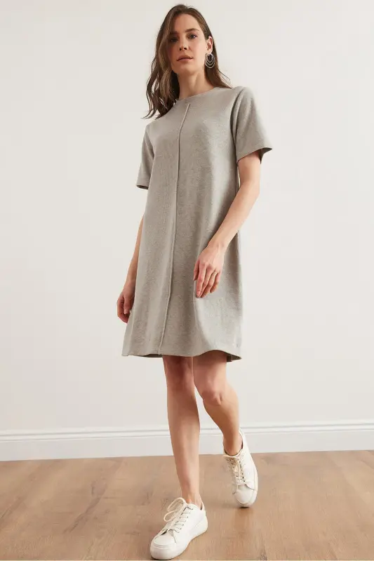 Kadın Açık Gri Önü Dikişli Mini Selanik Elbise ELB-19002335-Açık Gri - OLALOOK