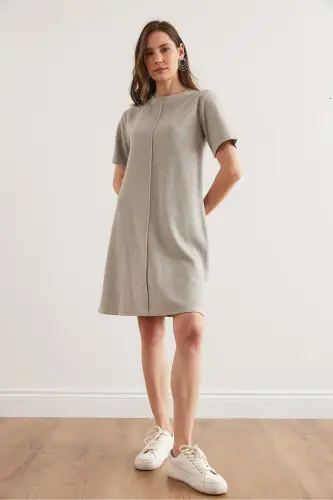 Kadın Açık Gri Önü Dikişli Mini Selanik Elbise ELB-19002335-Açık Gri - OLALOOK (1)