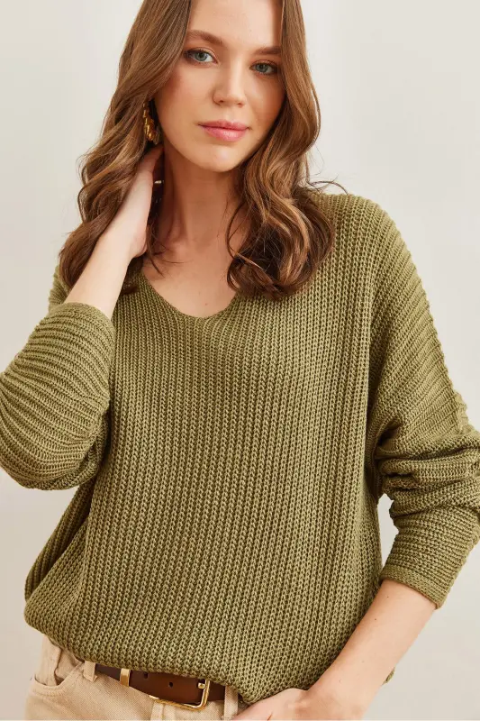 Kadın Açık Haki V Yaka Selanik Örgü Oversize Triko Tunik TNK-19000081-Açık Haki - 1