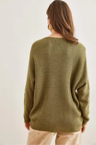 Kadın Açık Haki V Yaka Selanik Örgü Oversize Triko Tunik TNK-19000081-Açık Haki - 5