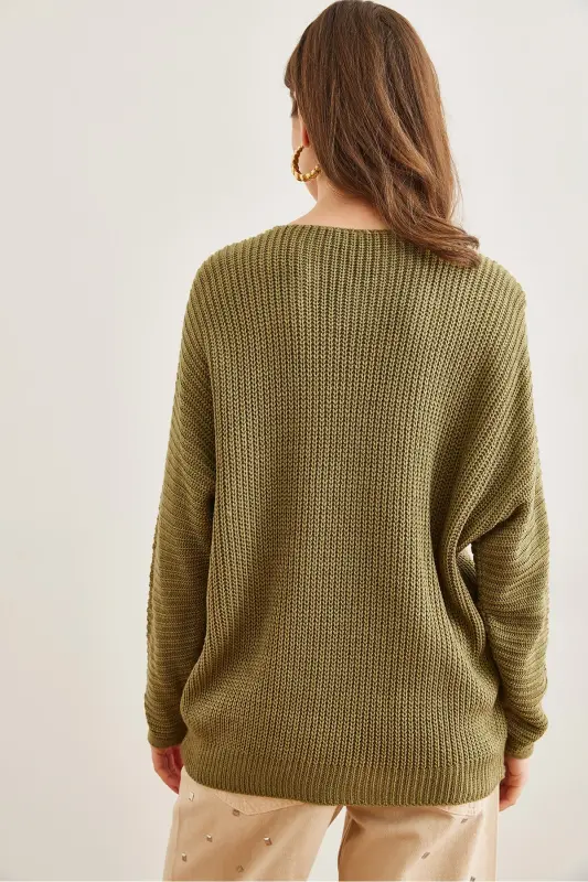 Kadın Açık Haki V Yaka Selanik Örgü Oversize Triko Tunik TNK-19000081-Açık Haki - 5