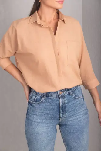 Kadın Açık Kahve Cepli Salaş Keten Gömlek ARM-21Y001035-Açık Kahve - 3