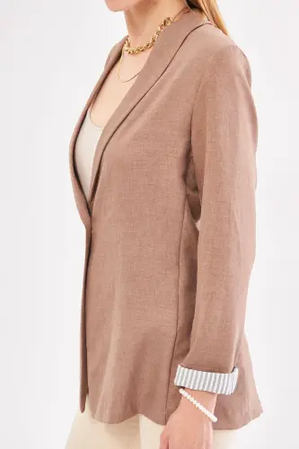 Kadın Açık Kahve Kol İçi Çizgili Tek Düğmeli Ceket ARM-22K001122-Açık Kahve - 3