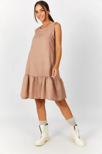 Kadın Açik Kahve Kolsuz Eteği Fırfırlı Elbise ARM-18Y001156-Açik Kahve 