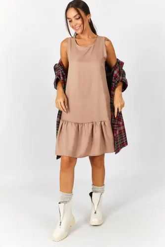 Kadın Açik Kahve Kolsuz Eteği Fırfırlı Elbise ARM-18Y001156-Açik Kahve - 2