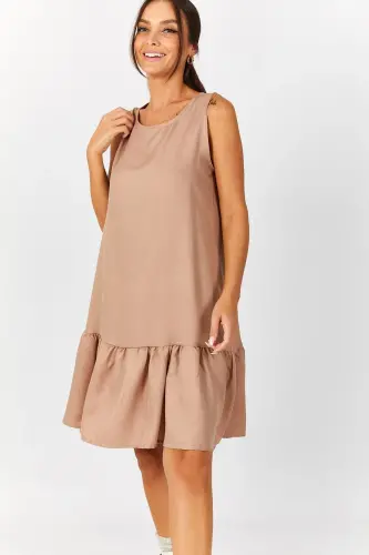 Kadın Açik Kahve Kolsuz Eteği Fırfırlı Elbise ARM-18Y001156-Açik Kahve - 3