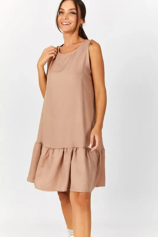 Kadın Açik Kahve Kolsuz Eteği Fırfırlı Elbise ARM-18Y001156-Açik Kahve - 3