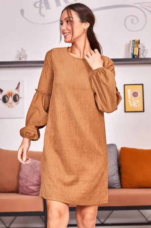 Kadın Açık Kahve Kolu Balonlu Kadife Elbise ARM-20K001107-Açık Kahve - 2