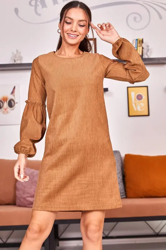 Kadın Açık Kahve Kolu Balonlu Kadife Elbise ARM-20K001107-Açık Kahve - 3