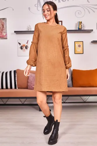 Kadın Açık Kahve Kolu Balonlu Kadife Elbise ARM-20K001107-Açık Kahve 