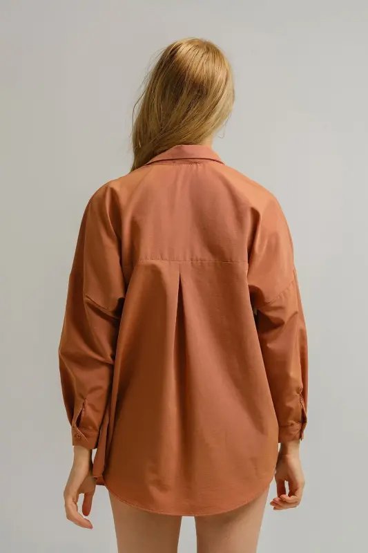 Kadın Açık Kahve Oversize Uzun Basic Gömlek Arm-22y001118-Açık Kahve - 4