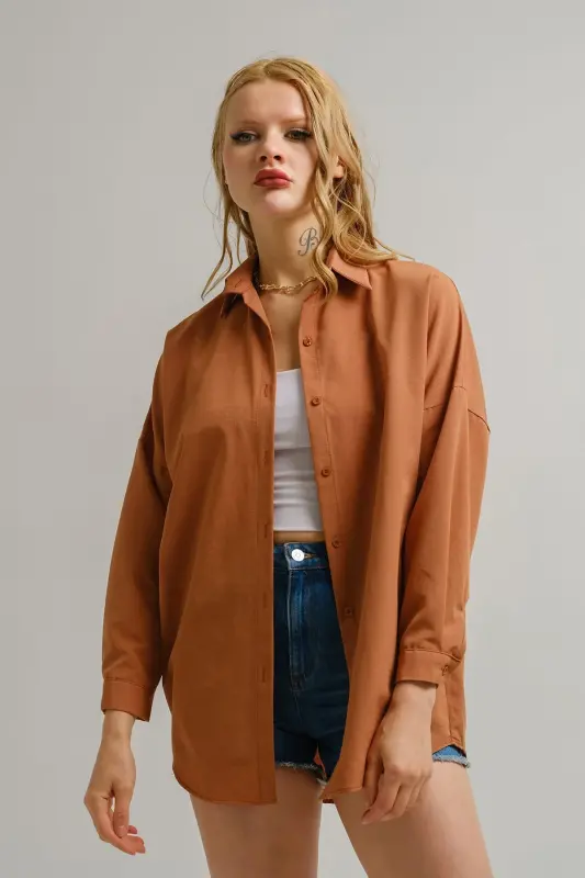 Kadın Açık Kahve Oversize Uzun Basic Gömlek Arm-22y001118-Açık Kahve - 2