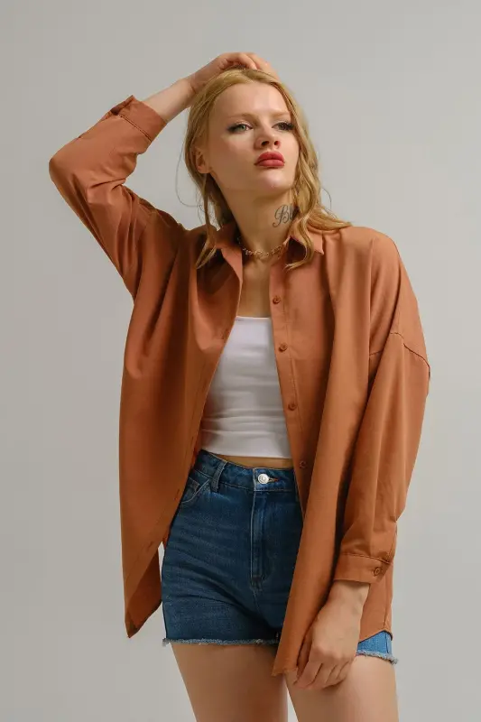 Kadın Açık Kahve Oversize Uzun Basic Gömlek Arm-22y001118-Açık Kahve - 3