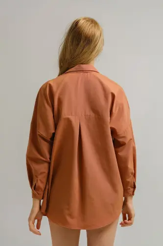 Kadın Açık Kahve Oversize Uzun Basic Gömlek Arm-22y001118-Açık Kahve - 4