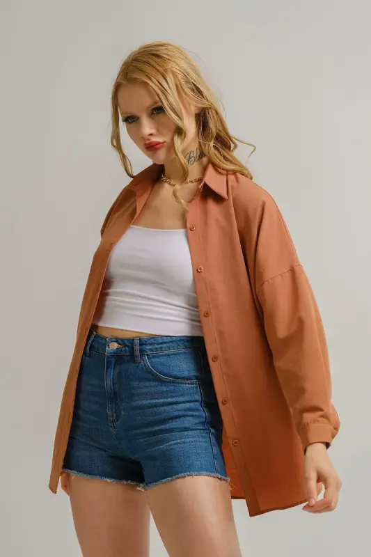 Kadın Açık Kahve Oversize Uzun Basic Gömlek Arm-22y001118-Açık Kahve - ARMONIKA