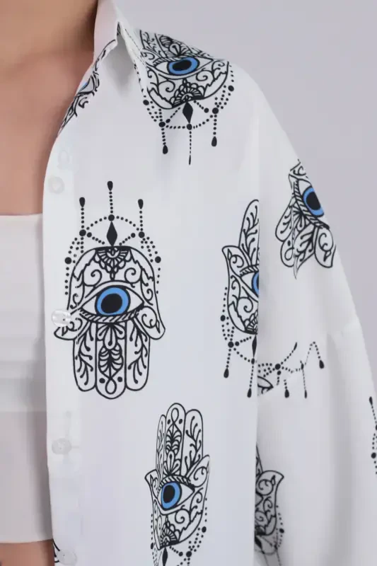 Kadın Açık Mavi Desenli Oversize Uzun Basic Gömlek ARM-22Y001148-Açık Mavi - 2