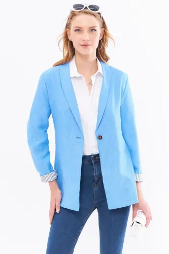 Kadın Açık Mavi Kol İçi Çizgili Tek Düğmeli Ceket ARM-22K001122-Açık Mavi - 1