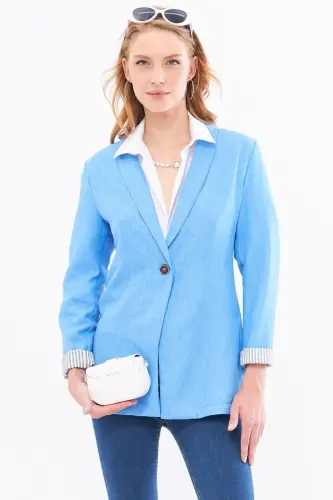 Kadın Açık Mavi Kol İçi Çizgili Tek Düğmeli Ceket ARM-22K001122-Açık Mavi - 3