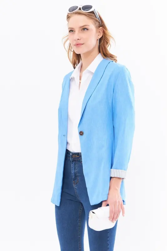 Kadın Açık Mavi Kol İçi Çizgili Tek Düğmeli Ceket ARM-22K001122-Açık Mavi - 4