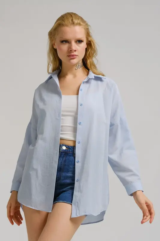 Kadın Açık Mavi Oversize Uzun Basic Gömlek ARM-22Y001118-Açık Mavi - 1