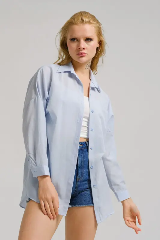 Kadın Açık Mavi Oversize Uzun Basic Gömlek ARM-22Y001118-Açık Mavi - 2