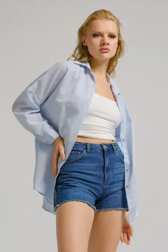 Kadın Açık Mavi Oversize Uzun Basic Gömlek ARM-22Y001118-Açık Mavi - 3