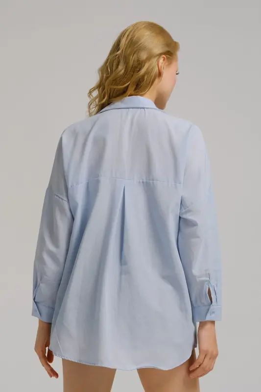Kadın Açık Mavi Oversize Uzun Basic Gömlek ARM-22Y001118-Açık Mavi - 4