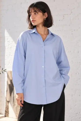 Kadın Açık Mavi Oversize Uzun Basic Gömlek ARM-22Y001118 - Açık Mavi - 1