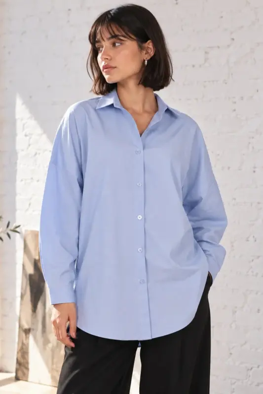 Kadın Açık Mavi Oversize Uzun Basic Gömlek ARM-22Y001118 - Açık Mavi - 1