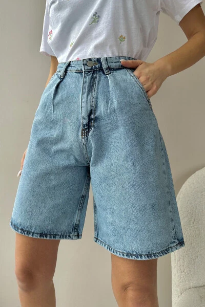 Kadın Açık Mavi Yüksek Bel Wide Leg Bermuda Denim Şort ALC-X8174-Açık Mavi - Trend Alaçatı Stili (1)