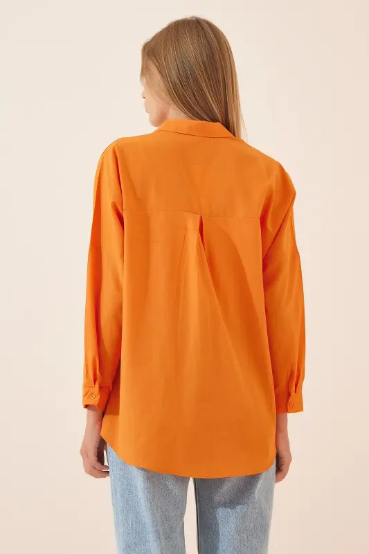 Kadın Açık Oranj Oversize Uzun Basic Gömlek DD00842 - Açık Oranj - 4