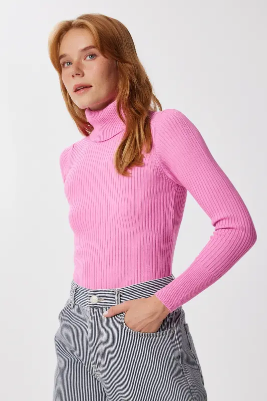 Kadın Açık Pembe Boğazlı Fitilli Likralı Kazak DD01007-Açık Pembe - 2